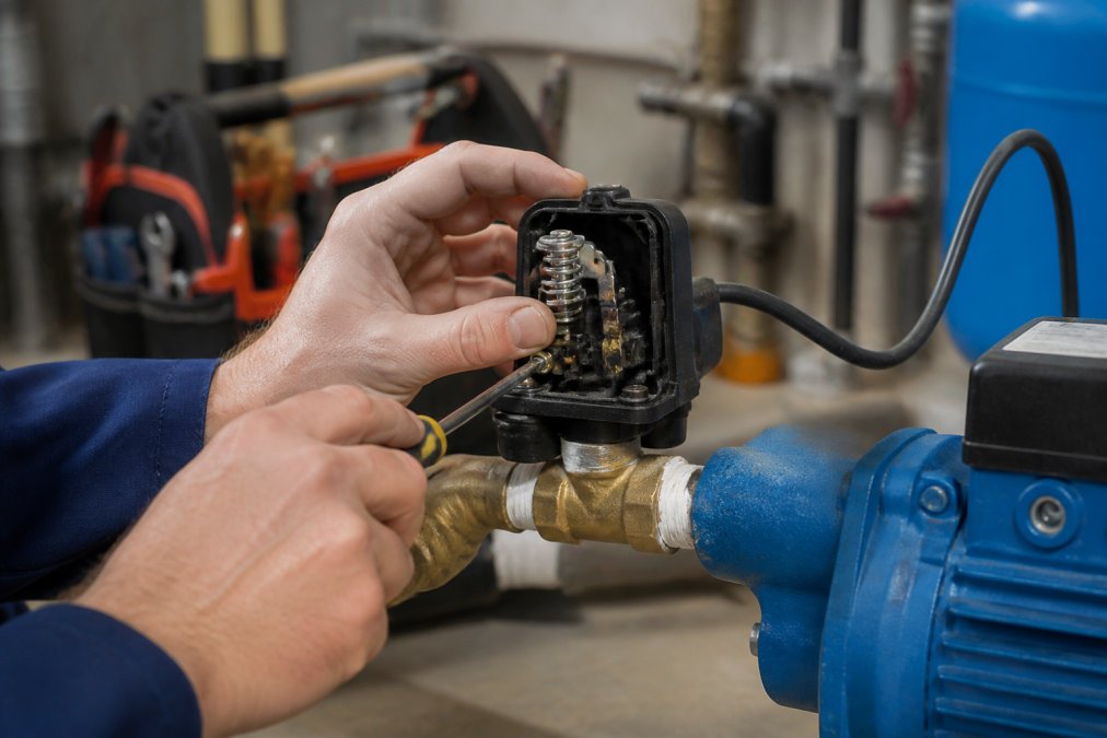 Professional technician's hands adjusting the pressure switch on a water pump installation with the adjustment screw and pressure settings clearly visible, workshop lighting