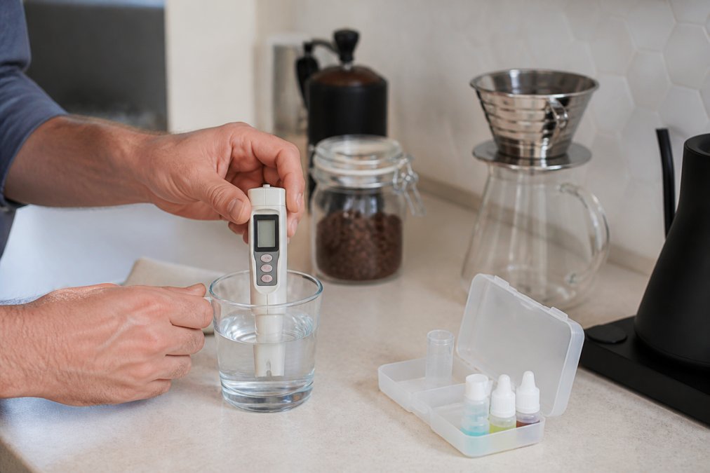 Hands using a digital TDS meter to test tap water hardness near pour-over coffee equipment on a kitchen counter