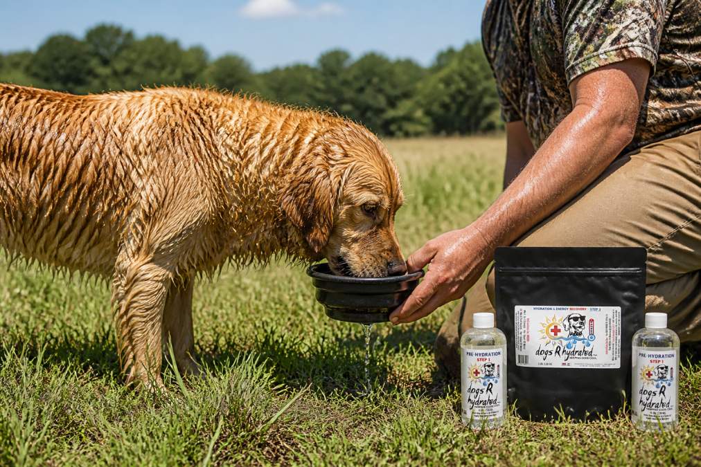Active hunting dog drinking from a portable water recovery bowl held by handler in open field during midday, with trees visible in background and dog's coat wet from exertion