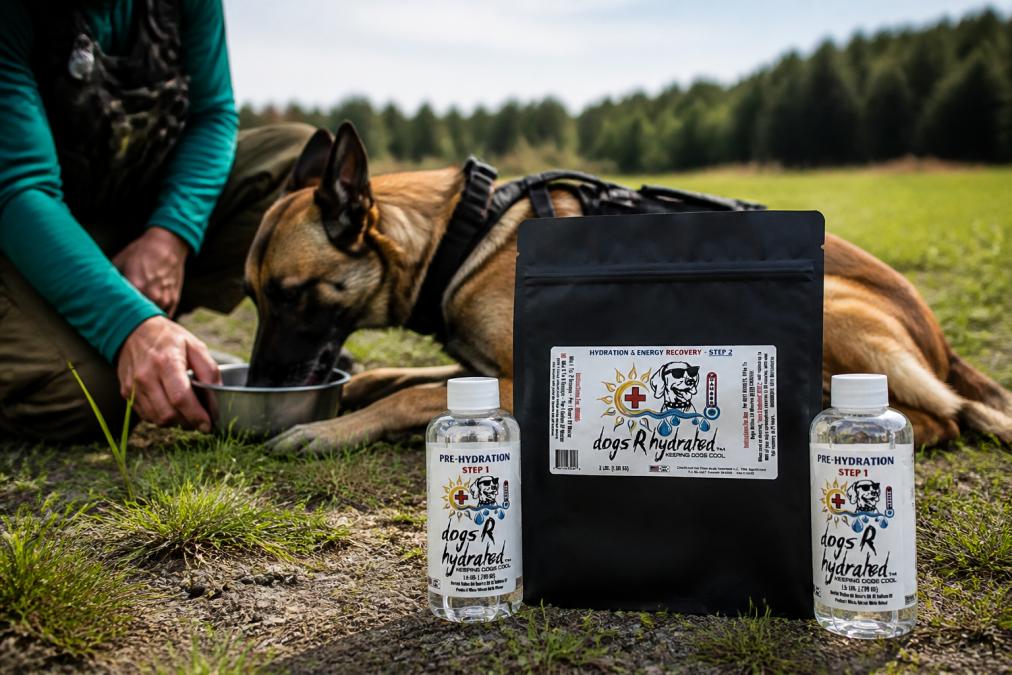 dogsRhydrated product packaging displayed with working dog resting after outdoor activity, handler nearby offering water bowl, natural outdoor lighting with field in background