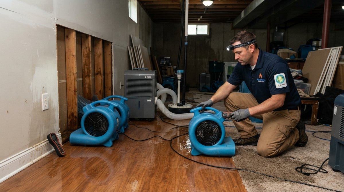 IICRC-trained technicians using industrial air movers and dehumidifiers in a flooded residential living room, water extraction equipment positioned strategically, professional drying in progress