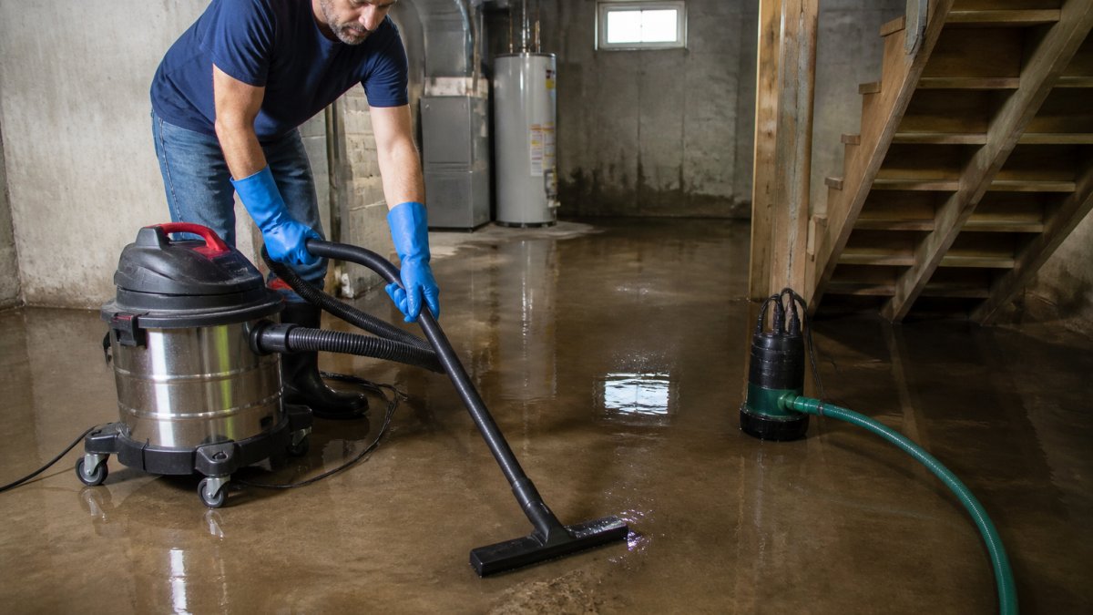 A homeowner in rubber boots and gloves using a wet/dry shop vacuum to pull standing water from a flooded basement floor, with a submersible pump and garden hose visible nearby