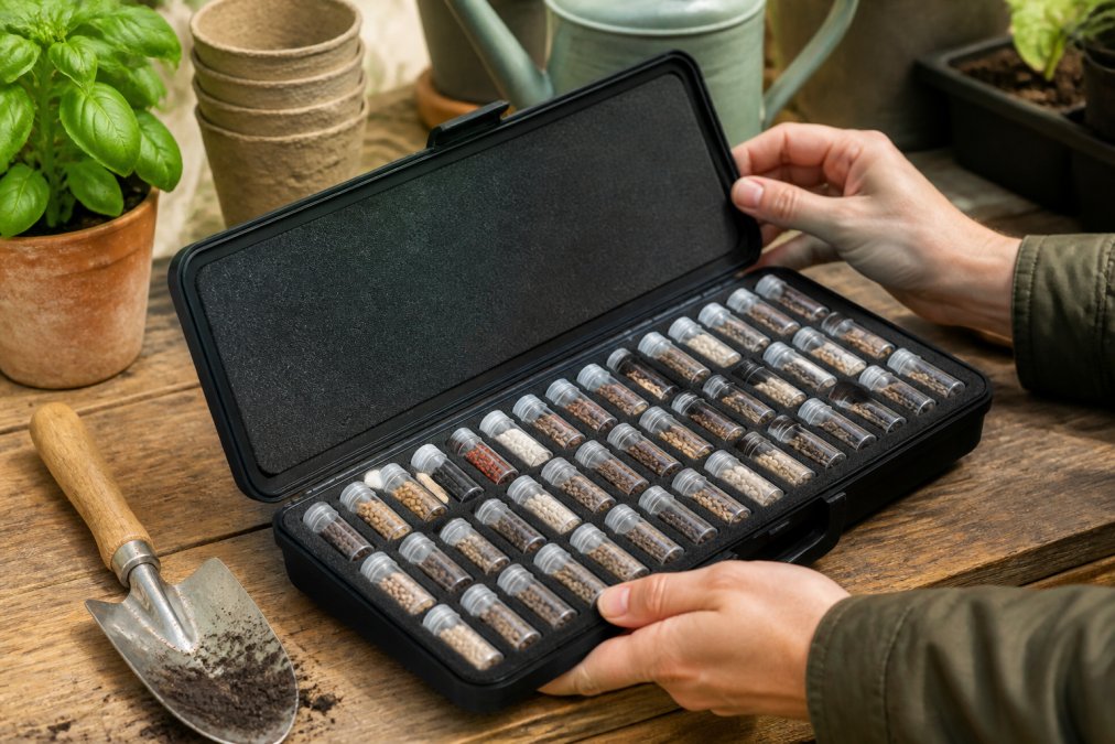 A gardener's hands opening the Walerica Seed Organizer Kit on a wooden table, showing neatly arranged vials with seeds and labels, with gardening tools and a trowel nearby