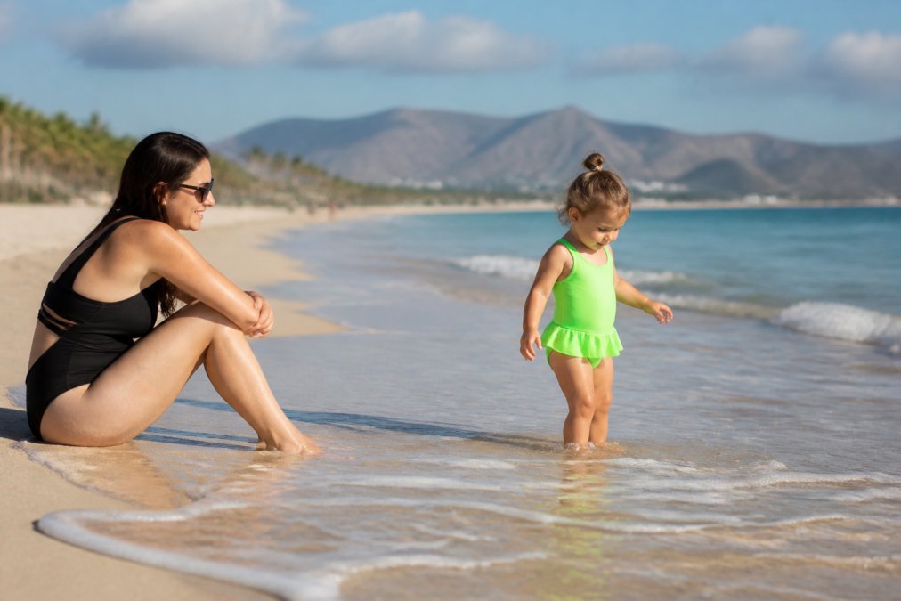 Parent sitting at the water's edge on a sunny beach, actively watching a young child in a bright neon swimsuit playing in shallow water, with full attention on the child and no distractions