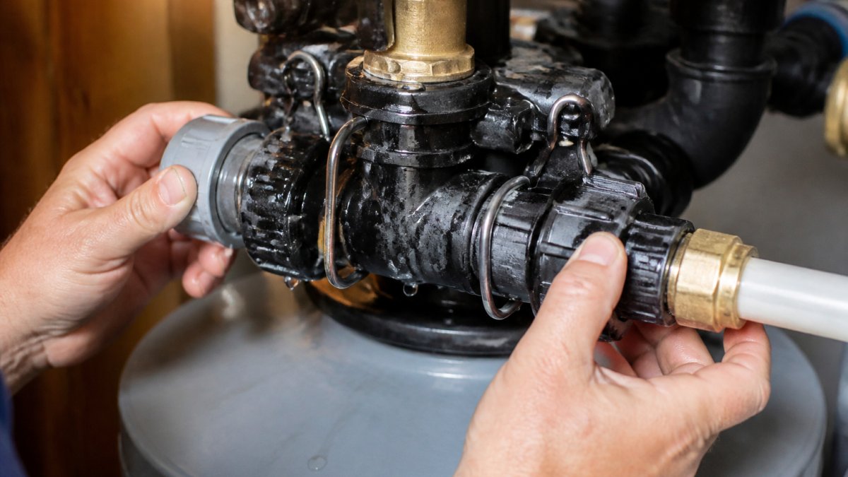 Professional plumber's hands inspecting a water softener bypass valve assembly, showing the valve body, retaining clips, and connection fittings with water droplets visible on the metal surfaces under work light