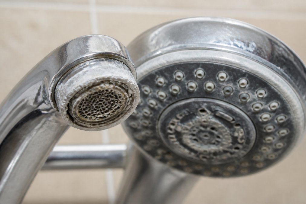 Close-up of white mineral scale and calcium deposits crusted on a chrome faucet aerator and showerhead, showing buildup in natural daylight