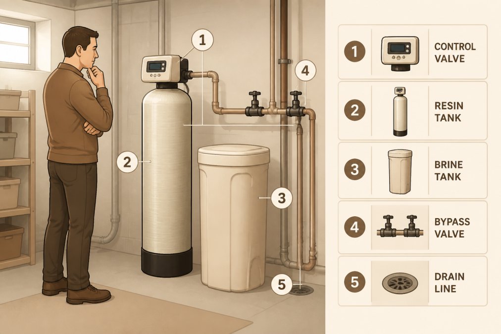 Homeowner examining a residential water softener system in a basement utility room, showing the tall resin tank and smaller brine tank side by side with pipes and valves
