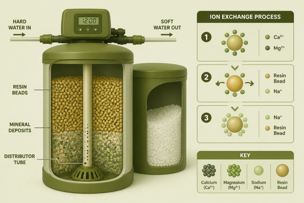 Close-up of water softener brine tank with visible resin beads and mineral deposits inside the chamber, showing the ion exchange mechanism in a residential installation