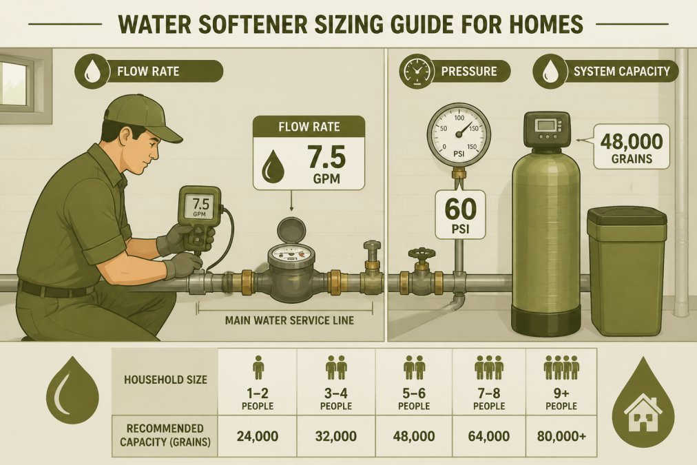 Licensed plumber measuring water flow rate at a home's main water service line using a meter, checking water pressure and system capacity in a basement utility area