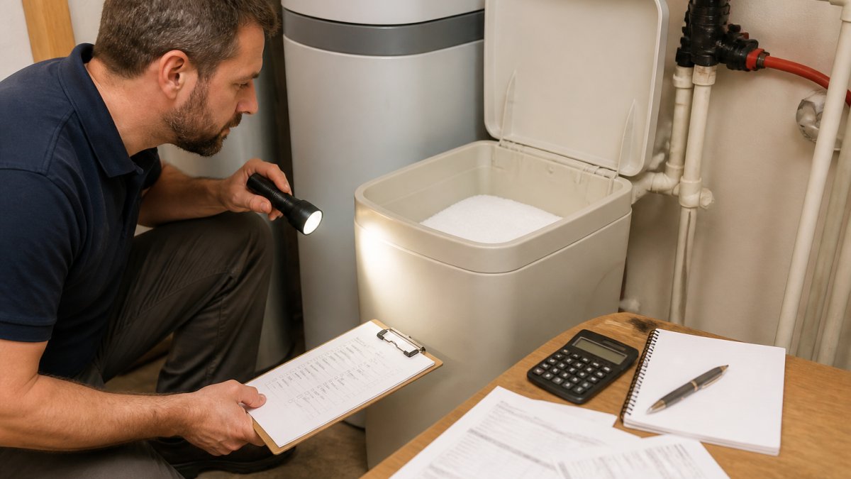 A homeowner in a utility room crouching to check the brine tank salt level on a water softener, holding a flashlight and a maintenance checklist on a clipboard, warm overhead lighting