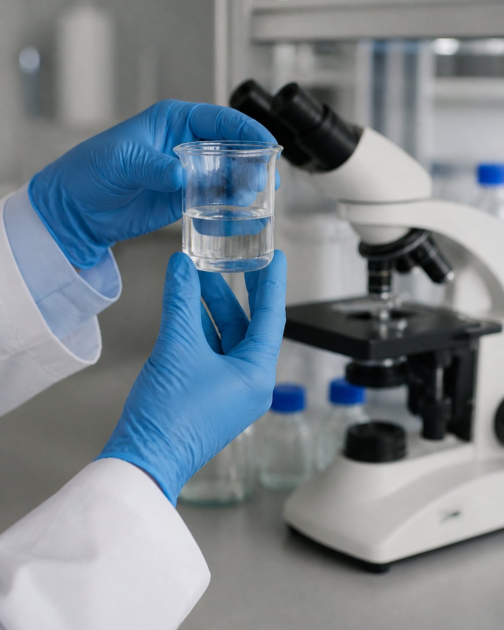 Close-up of a scientist's gloved hands holding a small glass beaker containing a clear liquid, with a microscope and lab equipment blurred in the background in a clean laboratory setting