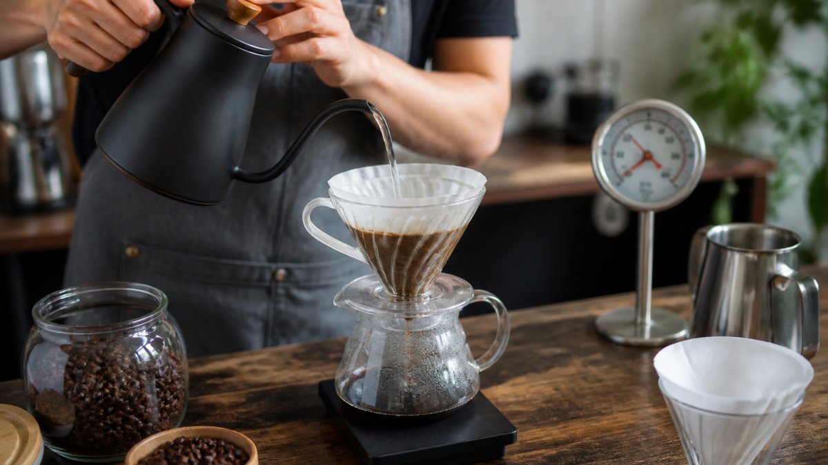 Hands pouring hot water from a gooseneck kettle into a coffee dripper with a thermometer nearby