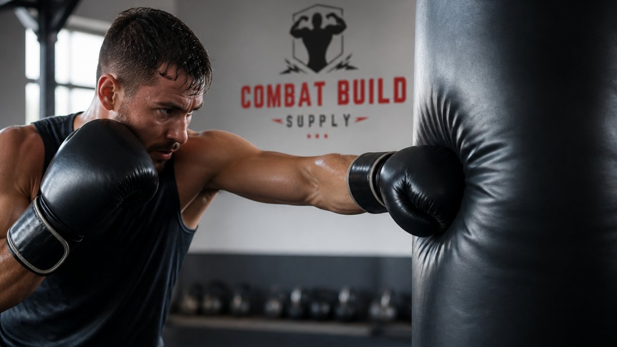 Professional boxer's fist making contact with heavy bag mid-punch, showing the impact zone and surface deformation in a well-lit training facility