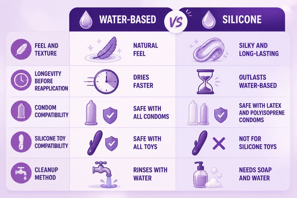 Comparison matrix of water-based vs silicone lubricant across five rows: feel and texture, longevity before reapplication, condom compatibility, silicone toy compatibility, and cleanup method. ## What Is Water-Based Lubricant (And Why It Feels So Natural) Water-based lubricant is a personal lubricant that uses water as its main ingredient, often with glycerin, aloe, or plant extracts for slip. It absorbs into skin over time, which is exactly why it feels like nothing's there. :::tip Water-based lube is the only safe default when you don't know what a toy is made of. When in doubt, water-soluble wins. ::: ## What Is Silicone-Based Lubricant (And Why It Lasts All Night) Silicone-based lubricant is a personal lubricant built on silicone polymers, which don't evaporate or absorb. A few drops go a very long way, and one application can outlast an entire evening. ## Is Glycerin Safe for Intimate Health? What to Check on the Label Glycerin is the ingredient that starts the most arguments in the lube aisle. Here's the honest version: it's a sugar alcohol that pulls moisture toward itself, which is why it feels slippery and why some bodies love it. The catch is that it can also feed yeast, and for anyone prone to recurrent yeast infections or bacterial vaginosis, that's a dealbreaker worth taking seriously. Here's what to actually scan for on the label: - **Glycerin**, fine for many, a yeast-infection trigger for others. If you get recurring infections, try glycerin-free first. - **Parabens** (methylparaben, propylparaben), preservatives that some people react to. Not proven harmful at cosmetic levels, but easy to avoid if you're sensitive. - **Propylene glycol**, a common irritant for reactive skin. If you've ever felt a sting you couldn't explain, this is a frequent culprit. - **pH-balanced**, a meaningful claim when it's backed by a stated range. Vague "pH-friendly" language on a drugstore bottle means less than a formula built for intimate use. - **Osmolality**, rarely printed, but the concept matters. Formulas loaded with glycerin or propylene glycol pull water out of tissue, which some people experience as dryness or irritation after the fact. - **Hypoallergenic and dermatologist-tested**, signals that some testing happened, not a guarantee. Read them as a starting point, not a verdict. :::tip If you've had two or more yeast infections or BV flare-ups in a year, treat glycerin as a suspect and switch to a glycerin-free formula for a few months. Your gynecologist will thank you for the data. ::: ## Condoms, Toys, and Compatibility Rules That Actually Matter Condom compatibility is simple: both water-based and silicone-[based lubricants