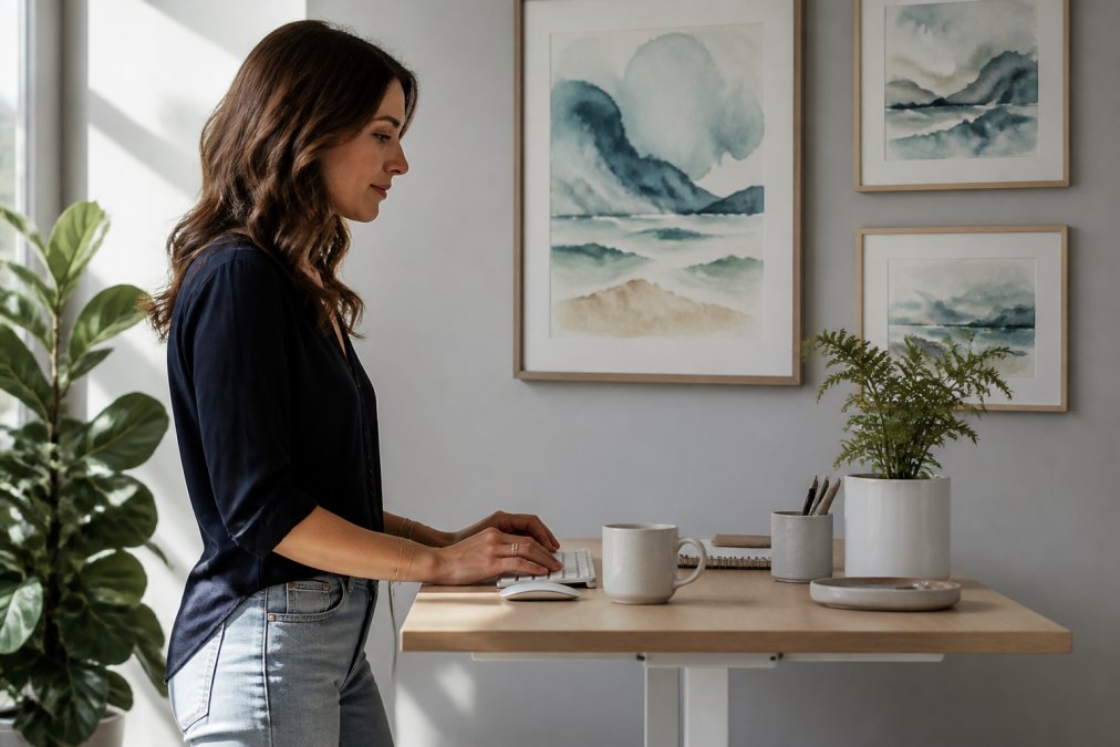 Professional woman working at a standing desk in a bright home office with natural window light, watercolor artwork displayed on the wall behind her showing soft blues and earth tones, creating a calm inspiring backdrop