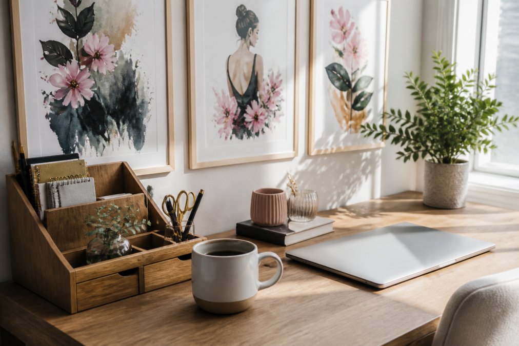 Close-up of a workspace desk featuring framed watercolor art prints on the wall, an inspirational ceramic mug with helping quotes beside a laptop, sustainable wooden desk organizer, and a small potted plant, arranged thoughtfully with natural afternoon light
