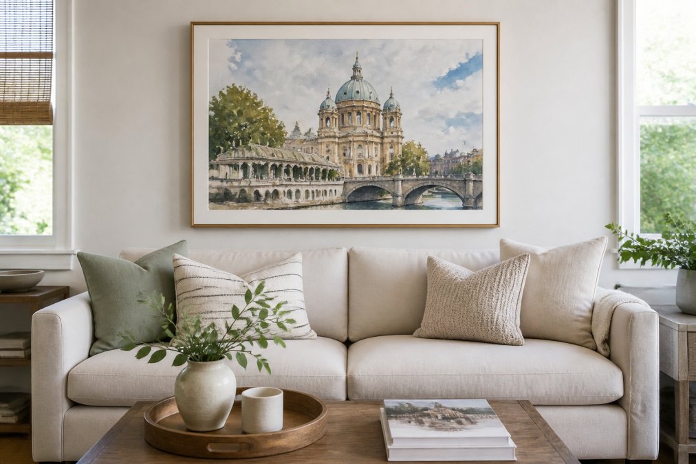 Infographic showing a step-by-step process for styling watercolor paintings of famous landmarks in a living room.
