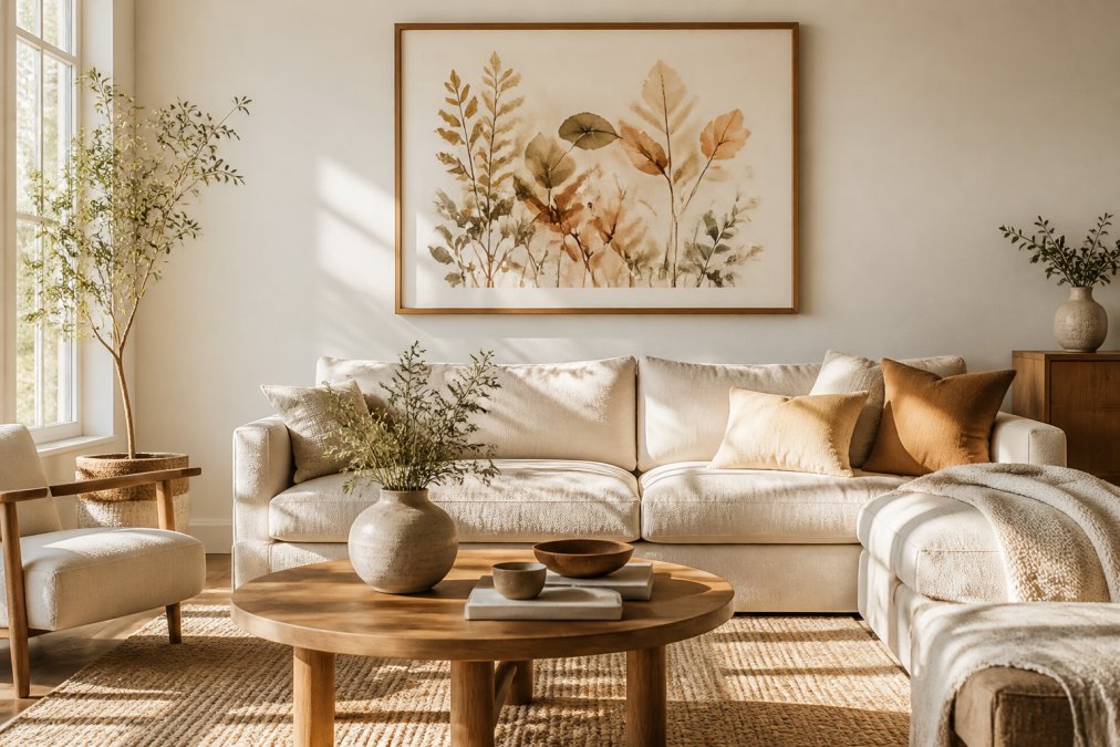 A serene, sunlit living room with a large earth-tone watercolor botanical print hung above a neutral linen sofa, soft natural light streaming through windows illuminating the delicate brushwork and warm ochre tones