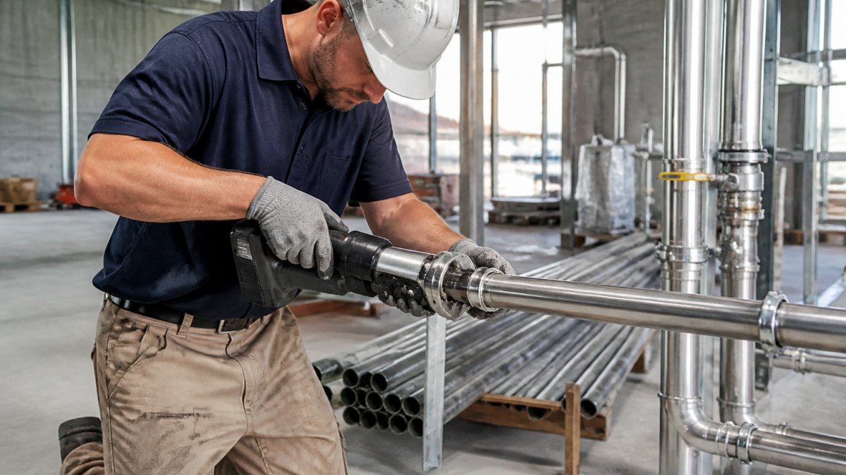 Plumber using a cordless press tool to crimp a metal fitting onto a stainless steel pipe on a construction site