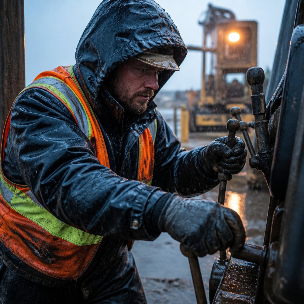 Outdoor worker wearing waterproof breathable gloves while operating heavy machinery in cold, rainy conditions