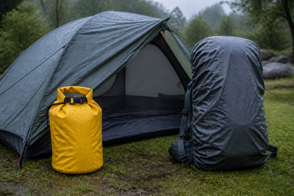 A well-organized camp setup in light rain showing a waterproof tent with rain fly, a PVC dry bag, and a hiking backpack with rain cover on a grassy campsite