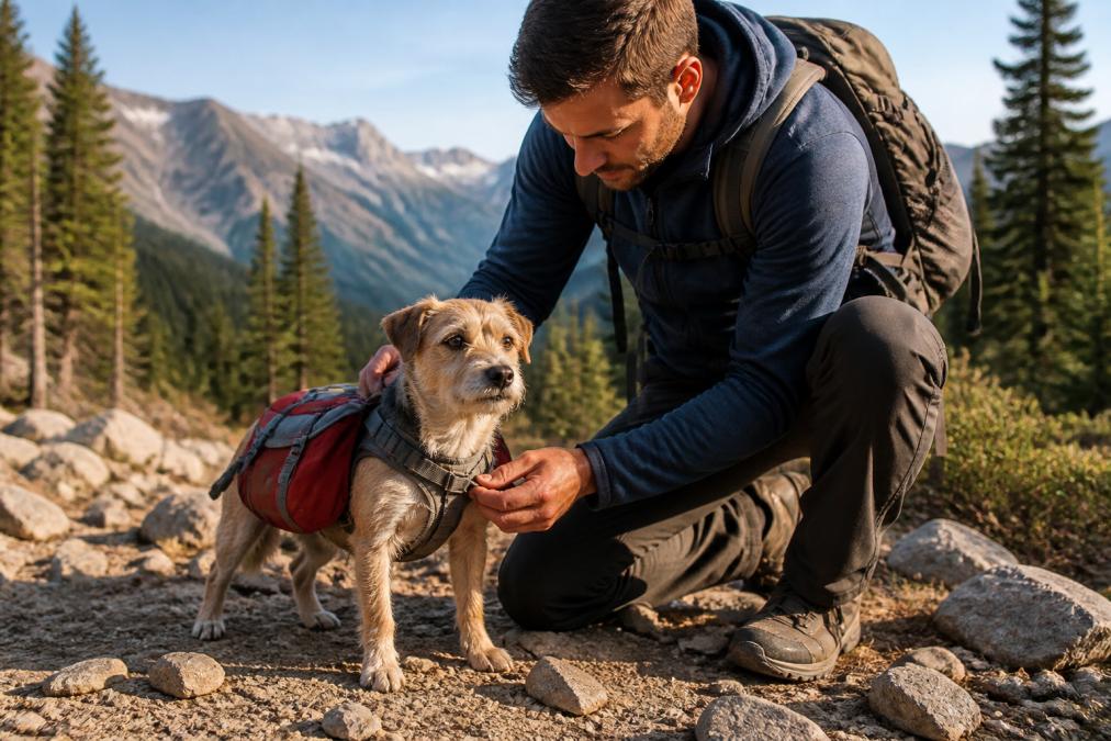 Hiker adjusting the chest strap and buckles on a dog backpack while standing on a rocky mountain trail