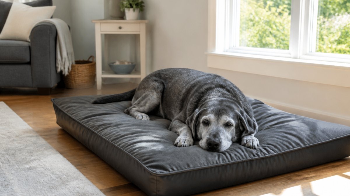 Elderly gray-muzzled senior dog resting peacefully on a plush waterproof bed in a bright living room, with natural sunlight streaming through nearby windows