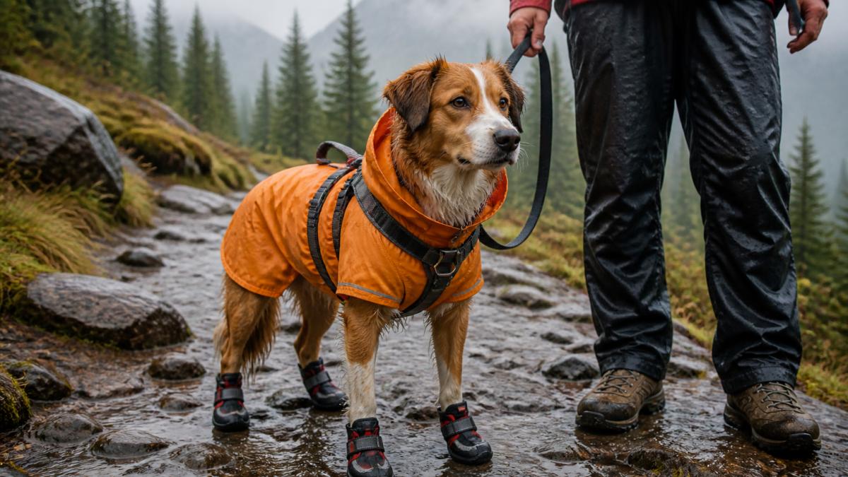 Dog wearing complete waterproof hiking gear including jacket, booties, and harness, standing on a wet rocky trail in light rain with a hiker visible beside it