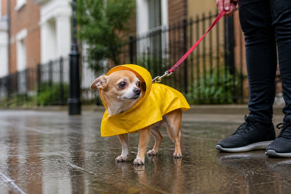 A small Chihuahua wearing a bright yellow waterproof raincoat with a hood, standing on a wet city sidewalk in light rain, with an owner's hand visible holding a red leash