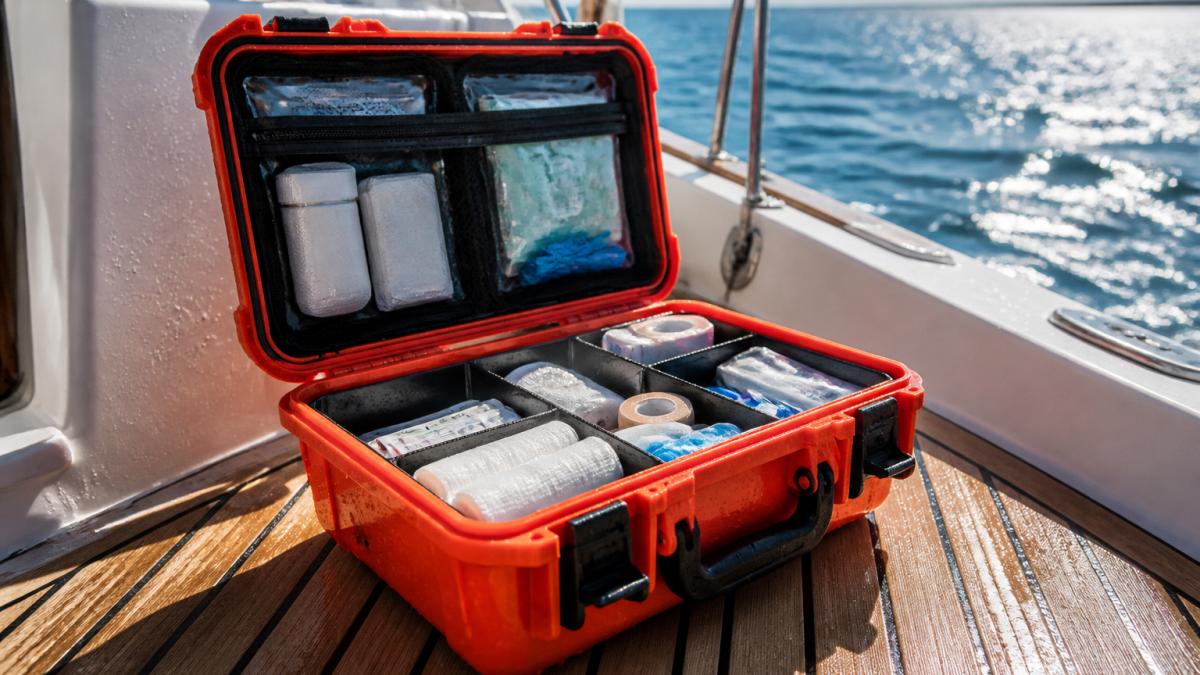 Open waterproof first aid kit on a teak boat deck with organized supplies under bright marine sunlight.