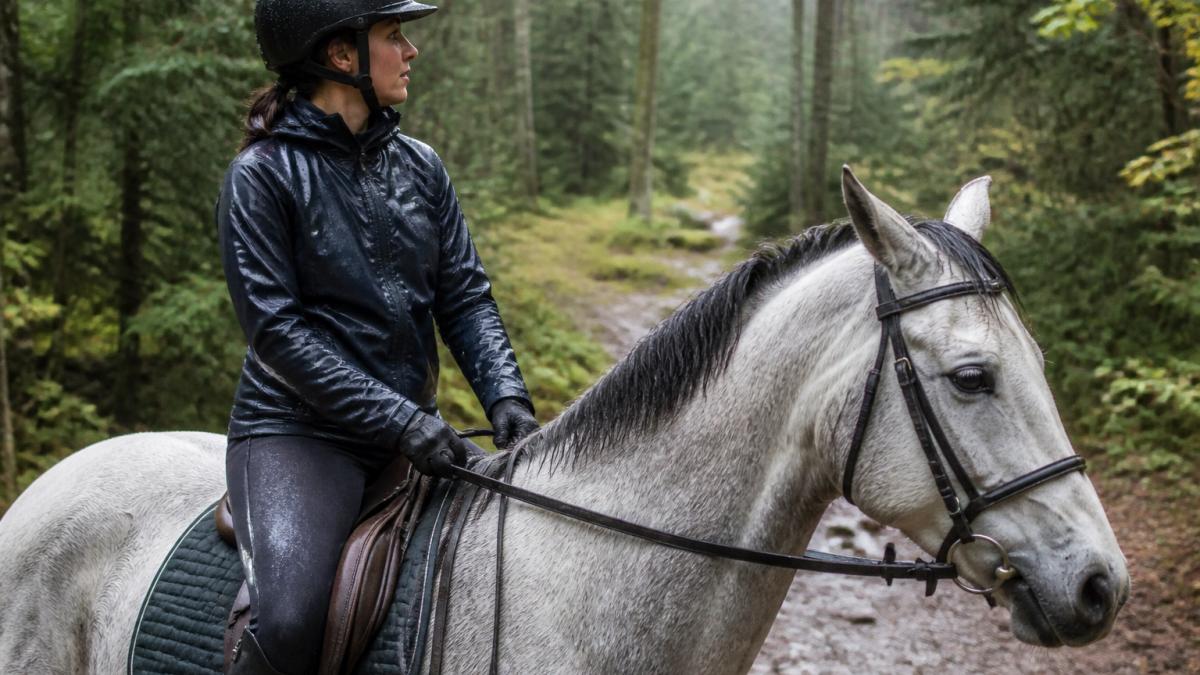 Rider mounted on horse wearing a fitted waterproof riding jacket on a rain-soaked forest trail, demonstrating proper fit and mobility in the saddle with water dripping from the jacket