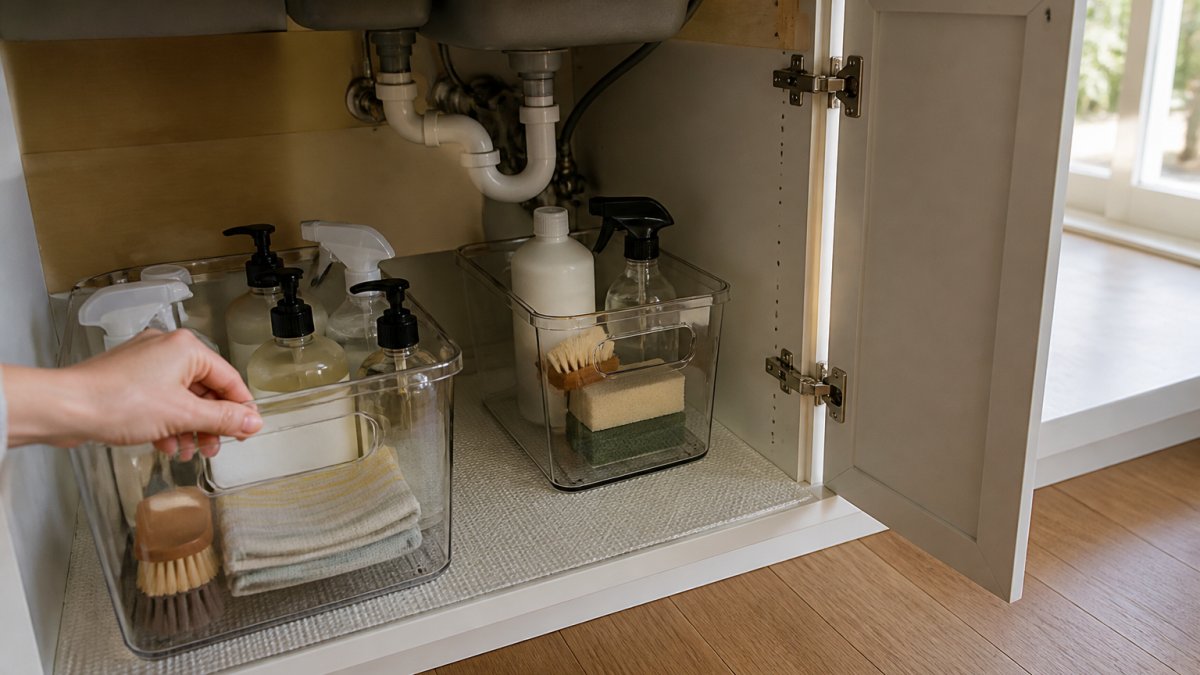 Close-up of a hand lifting a clear plastic storage bin from an under-sink cabinet, revealing a dry shelf liner beneath, soft daylight from an adjacent window
