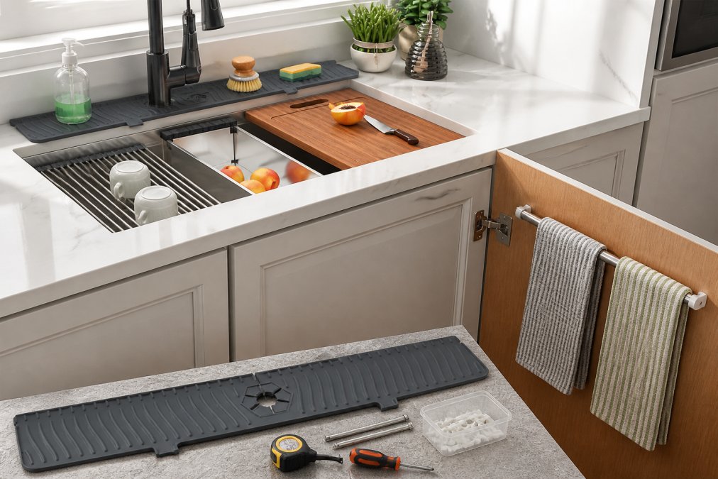 Modern rental kitchen sink area with minimalist white countertop, organized cleaning supplies in waterproof containers, and tension rod installed on cabinet door with dish towels hanging, natural window lighting