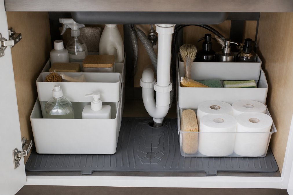 Clean under-sink cabinet interior showing modular drawer dividers organizing cleaning supplies, waterproof containers, and moisture-resistant materials arranged around visible P-trap plumbing, with waterproof mat on cabinet floor