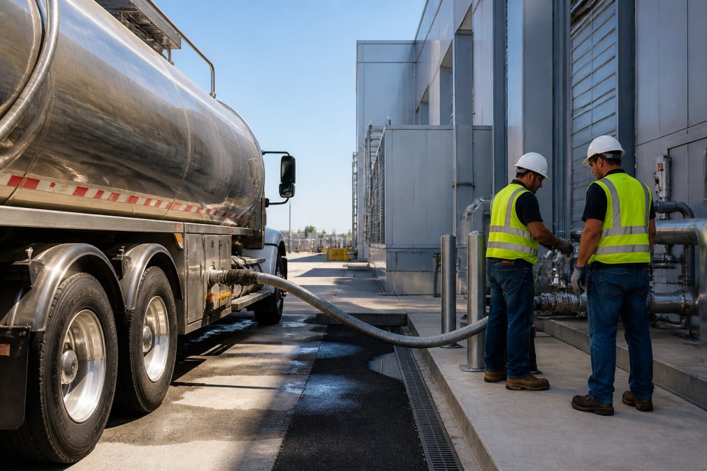 Large industrial water tanker truck parked at a data center facility with technicians in hard hats monitoring water intake equipment connected to cooling systems