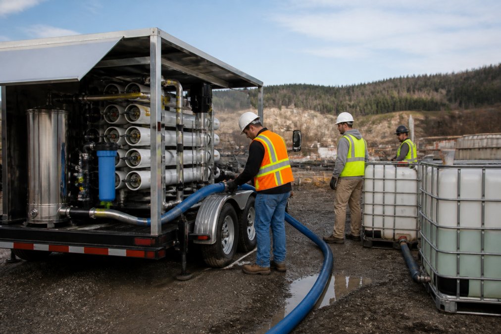 Mobile reverse osmosis water treatment unit mounted on a trailer at an industrial construction site with workers in safety vests monitoring the system's output and connecting hoses to storage tanks
