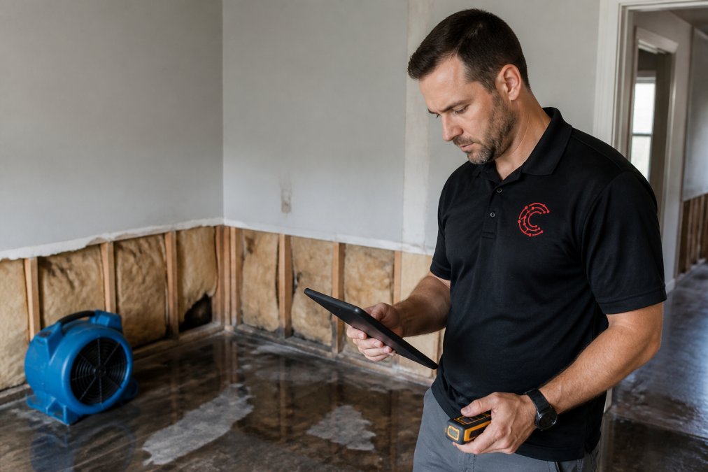 A restoration project manager reviewing a tablet with job documentation while standing in a partially dried water-damaged room, wearing a branded polo and holding a moisture meter