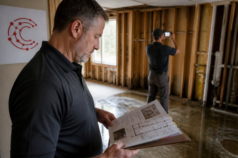 Project manager using restoration software on a tablet while a technician documents water damage at a job site.