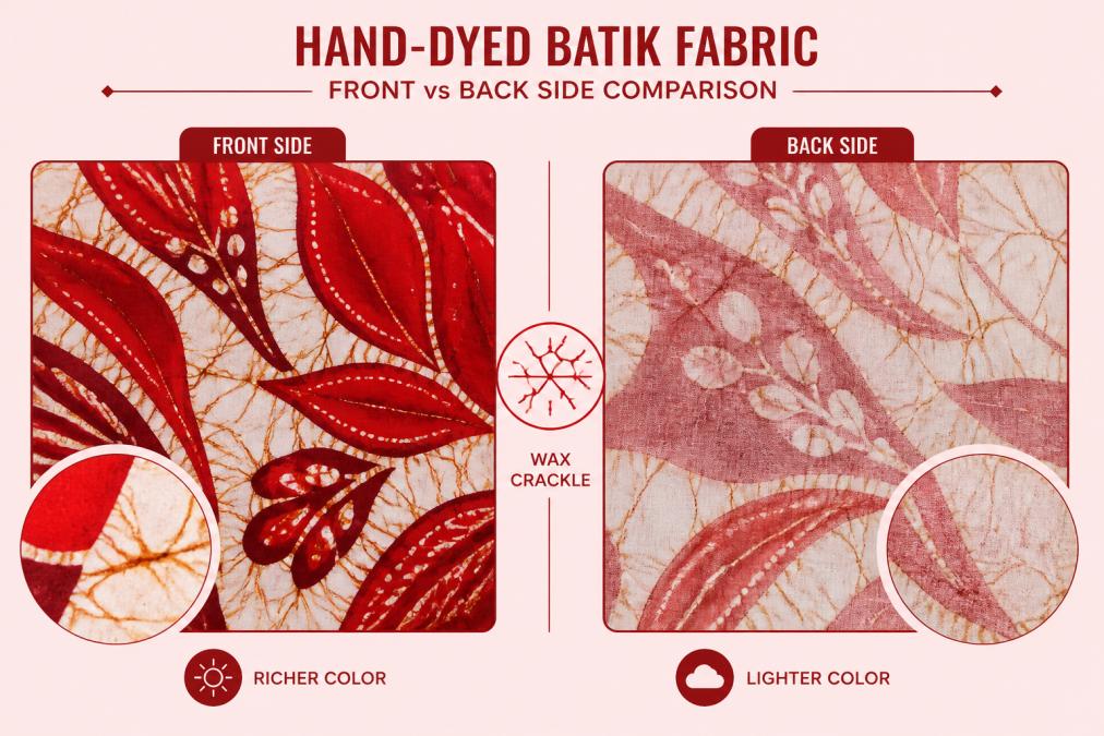 Close-up of hand-dyed batik fabric showing pronounced crackling effect with visible wax fracture lines, displayed with front and back sides side-by-side to show color intensity difference in natural daylight