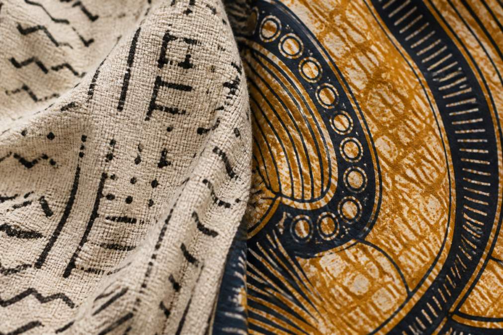 Close-up detail shot comparing the texture and weave of authentic hand-dyed mudcloth fabric next to a mass-produced wax print, showing the tactile differences, surface variations, and hand-applied marks under natural lighting