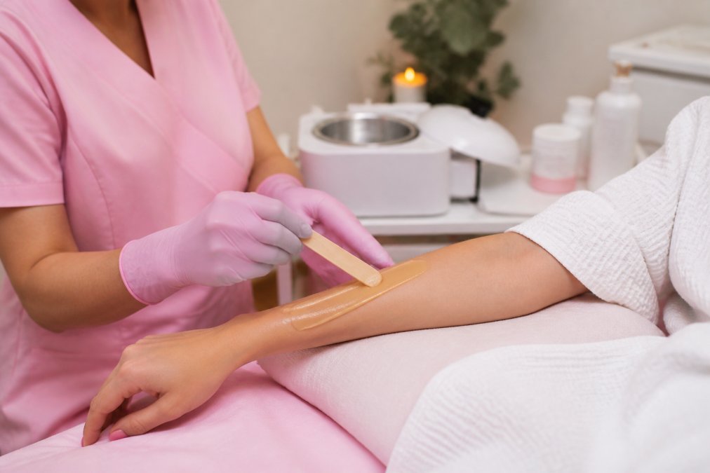 Close-up van een schoonheidsspecialiste die met een houten spatel een dunne laag warme, elastische wax aanbrengt op de onderarm van een cliënte in een hygiënische behandelkamer met zacht, warm licht