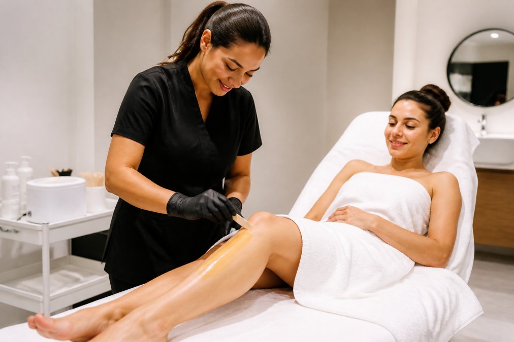 Een ontspannen vrouw die comfortabel op een behandelbank ligt in een schone, moderne waxkamer, terwijl een professionele schoonheidsspecialiste voorzichtig een waxbehandeling uitvoert met warme verlichting en hygiënische materialen zichtbaar