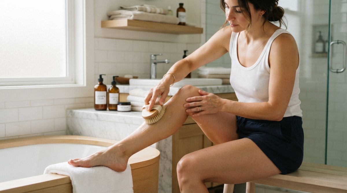 Woman gently exfoliating her leg with a soft brush to prepare for waxing for sensitive skin in a bright bathroom.