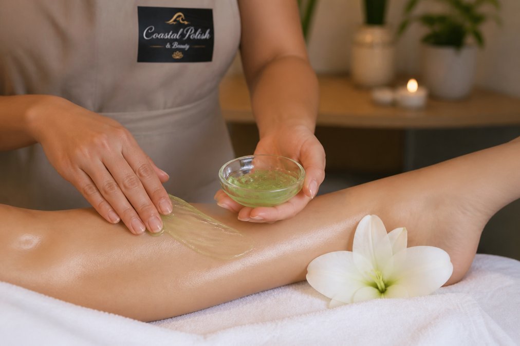 Hands gently applying cool, soothing aloe vera gel to freshly waxed skin with calm, nurturing expression in spa setting