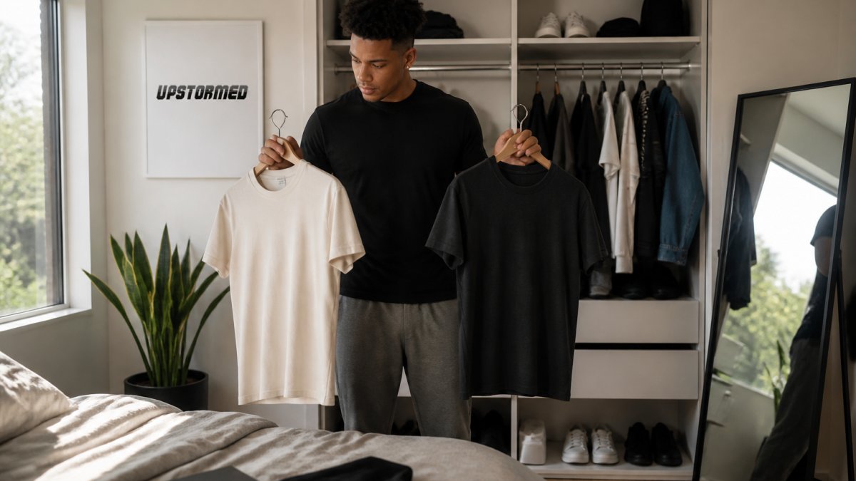 A person standing in front of an open closet, holding two different shirts up to themselves, thoughtfully comparing options in a bright bedroom with a mirror nearby