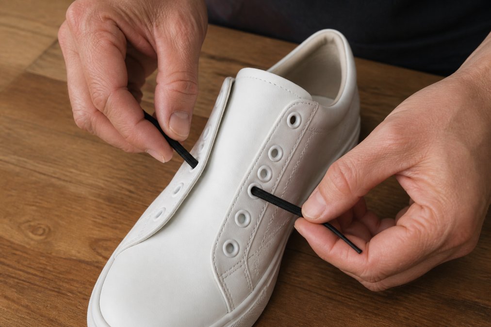 Step-by-step guide showing ways to lace shoes without tying using elastic laces on a white sneaker