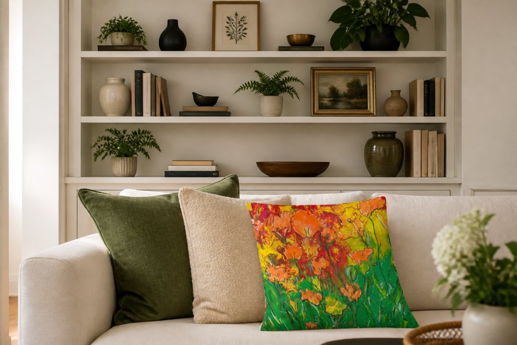 Well-styled living room shelf displaying books, plants, and decorative objects at varying heights with balanced spacing and intentional negative space between pieces
