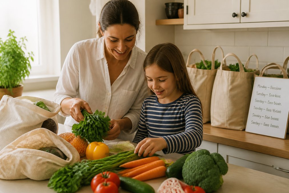 A parent and child organizing groceries together on a bright kitchen counter, reusable shopping bags visible in the background and a handwritten weekly meal plan list propped against the backsplash
