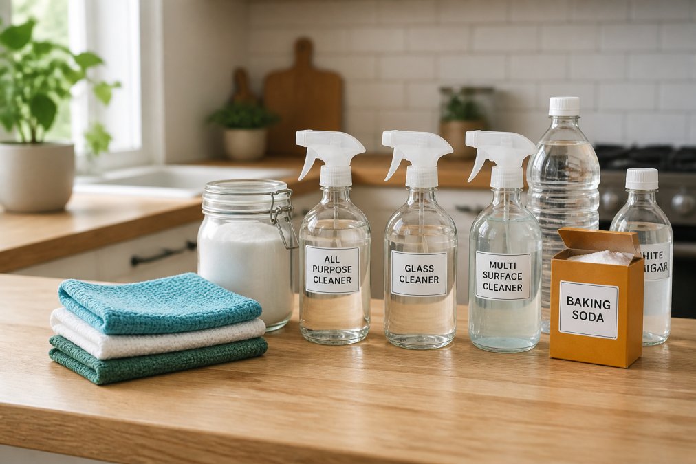 Close-up of a tidy kitchen counter with small labeled glass spray bottles, a box of baking soda, a bottle of white vinegar, and neatly folded reusable cleaning cloths arranged in natural morning light