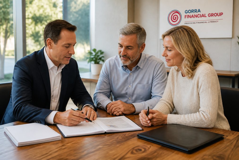 Financial advisor meeting with business owner and spouse in professional office, reviewing documents at wooden table with natural light from windows